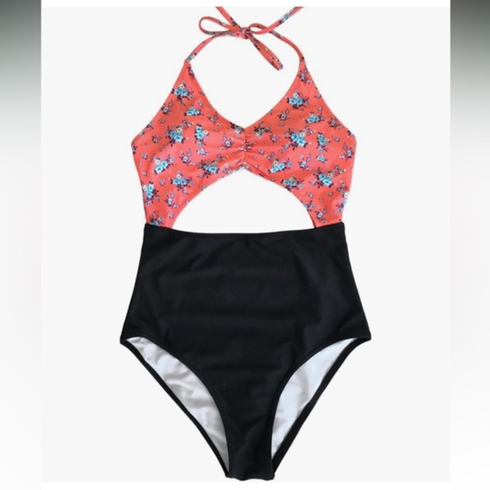 Cupshe Sweet Fragrance Black Coral Halter Swimsuit Floral Size Large NWT #2124
